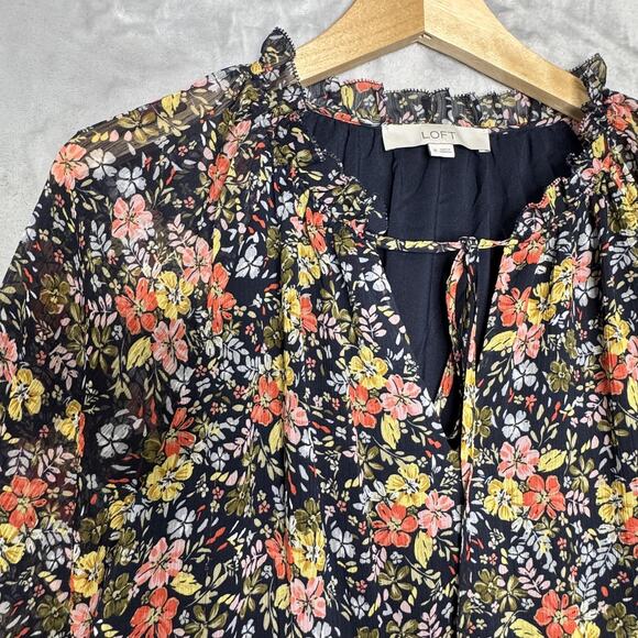 LOFT Dress Womens Medium Black Floral Long Sleeve Ruffle Neck Boho Tunic Lined - Picture 2 of 13